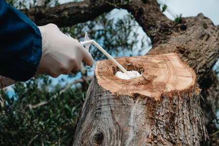 a man, wearing disposable gloves, fills with foam spray a hole in an olive tree, in an olive grove in catalonia, spainの写真素材