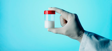 a healthcare worker holding a sterile container with some semen, in front of a blue background, in a panoramic format to use as web bannerの写真素材