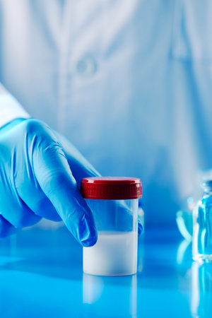closeup of a person in a laboratory, wearing a white coat and blue surgical gloves, at a blue table, with a sterile containerの写真素材