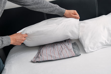 as is customary in Spain and some other European countries, such as Italy, a man puts his pajamas under his pillow once he has made the bedの写真素材