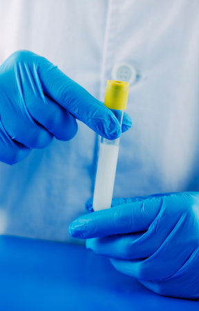 closeup of a laboratory worker, wearing a white lab coat and blue surgical gloves, at a blue table,...