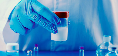 a laboratory worker, wearing a white lab coat and blue surgical gloves, holds a sterile container...