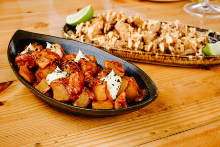 spanish patatas bravas, fried potatoes with hot tomato sauce and aioli, served beside chipirones a...