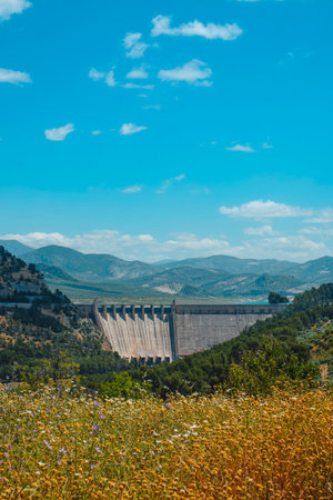 seen from Cuevas de San Marcos, Spain, the massive dam of the Iznajar reservoir rises among pine woods and terraced olive groves under a bright sky in the mountainous province of Cordobaの写真素材