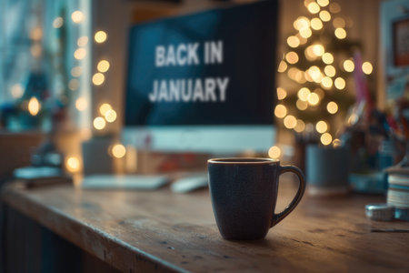 a dark ceramic mug on a wooden desk in front of a computer screen displaying the message Back in January with blurred holiday lights and a Christmas tree in the backgroundの素材