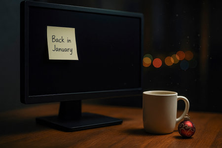 a computer monitor with a sticky note reading Back in January next to a white mug and a red Christmas bauble on a wooden desk with soft lights in the background suggesting a holiday pauseの素材