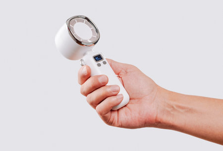 a person uses a white handheld fan with a digital display in a studio setting while holding it sideways in their right hand against a plain backgroundの写真素材