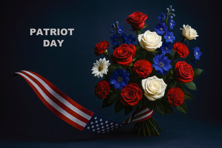 a bouquet of red, white and blue flowers tied with an american flag ribbon and the words Patriot Day written on a dark backgroundの素材