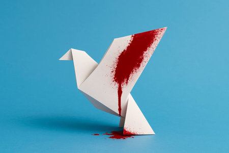 an origami peace dove is shown on a bright blue background, with its folded wing covered in blood dripping to the ground, symbolizing the innocent victims of warの素材