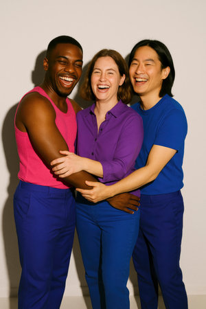 three friends embrace each other smiling with joy while wearing coordinated outfits in pink purple and blue, the representative colors of the bisexual pride flagの素材