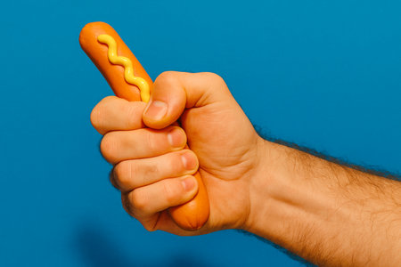 a male hand tightly holds a sausage covered with a zigzag line of yellow mustard against a flat blue backdrop, captured in a playful and suggestive minimalist styleの素材