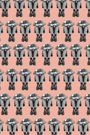 some black and white sad businessmen sitting in the floor, curled up, with their heads between their...