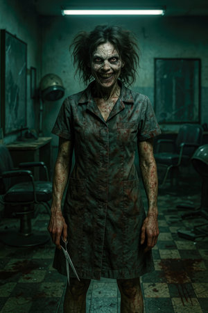 a terrifying woman, with bloodstained skin and disheveled hair, wears a filthy uniform while holding scissors inside a dark and abandoned barbershopの素材