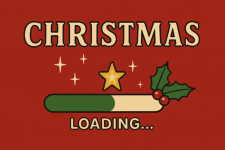 christmas themed flat illustration showing a green progress bar half filled with a golden star and holly, the word christmas above and the word loading below on redの素材
