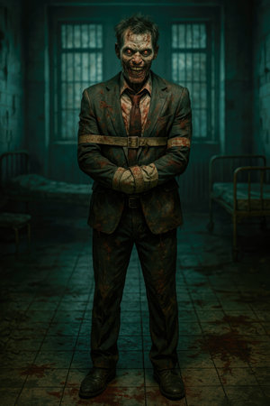 a terrifying man, dressed in a bloodstained suit and tie, stands with strapped arms in a decayed asylum room, grinning with glowing eyes in a horror sceneの素材