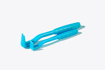 two small blue plastic tick remover tools, designed for safely extracting ticks and other biting insects attached to the skin, placed on a white backgroundの写真素材