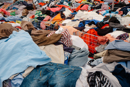 piles of clothes in assorted colors and fabrics are stacked inside metal bins at an outdoor market...