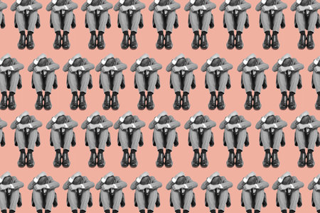 a pattern of some black and white sad businessmen sitting in the floor, curled up, with their heads between their knees, arranged on different lines on a pink backgroundの写真素材