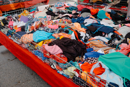 an outdoor market stall shows bins filled with clothes of many colors including patterned textiles and garments spread loosely across the tablesの写真素材