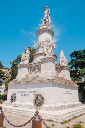 the Christopher Columbus monument in Piazza Acquaverde in Genoa Italy, a large marble statue complex dedicated in 1862 with allegorical figures and detailed bas reliefsの写真素材