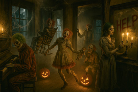 several sinister clowns and women, dressed in filthy costumes and holding dolls, haunt a decrepit halloween room filled with pumpkins, candles, and cobwebsの素材