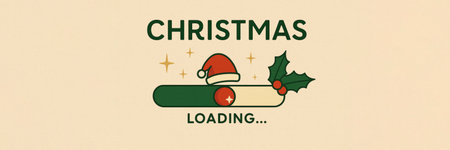 festive image symbolizing the wait for christmas with a green progress bar, a red ornament wearing a santa hat, golden stars, and holly creating a cheerful holiday moodの素材