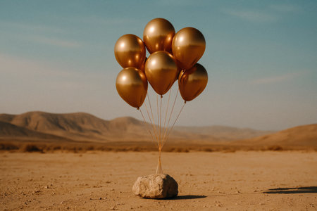 a group of golden balloons tied to a stone in the sand of the desert with mountains in the distanceの素材