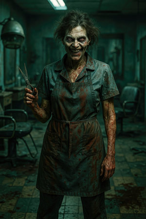 a sinister woman, in a bloodied apron and dirty uniform, grips scissors with a menacing smile while standing inside a ruined and eerie barbershopの素材