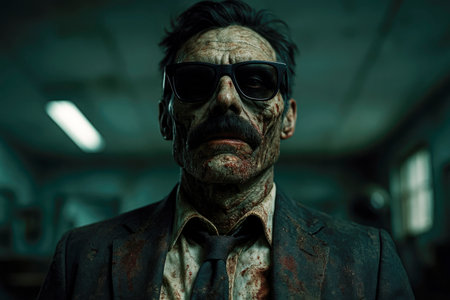 closeup of a terrifying man, with a mustache and sunglasses, wearing a bloodstained suit and tie while standing in a dark abandoned room, his decayed face lit dramaticallyの素材