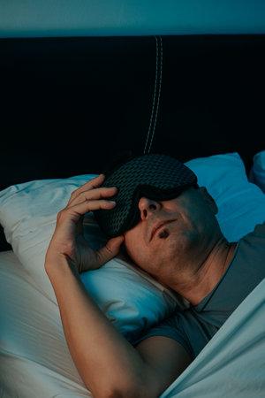 a man in a bedroom lifts his sleep mask with one hand while lying on his back, head on a pillow, a...