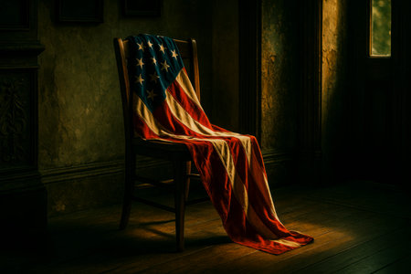 an american flag draped over a wooden chair in a dimly lit room, the fabric softly illuminated by warm sunlight filtering through an unseen window, generative AIの素材