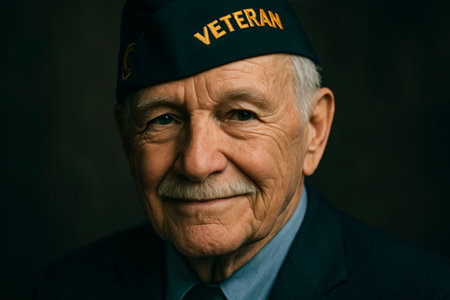 close-up portrait of an elderly man wearing a navy cap embroidered with the word veteran, smiling gently against a dark background, symbolizing honor and dignity, generative AIの素材