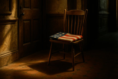 a folded US flag resting neatly on a wooden chair by a closed door, bathed in gentle light that highlights the textures of the floor and fabricの素材