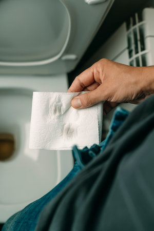 closeup of a man holding a square of white toilet paper with visible urine stains, standing above the toilet bowl in a bathroom after finishing urinatingの写真素材
