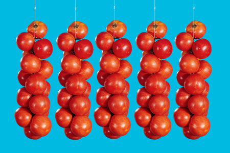 five strings of tomates de colgar, Spanish tomatoes for hanging, evenly spaced and glowing red against a cyan blue backgroundの写真素材