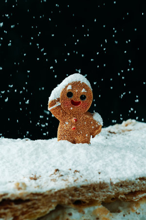 a cheerful gingerbread man covered with powdered sugar raises his hand as snow falls on a fluffy meringue milhojas under a dark winter backgroundの写真素材