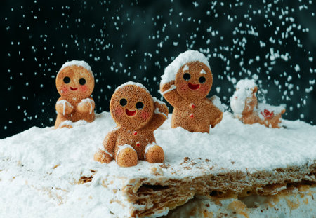 three gingerbread men and a tiny reindeer enjoy the snow on a mound of meringue milhojas covered...