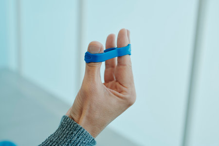 a man exercising his hand with a blue elastic band, stretching his fingers to strengthen muscles and improve mobility during a rehabilitation sessionの写真素材