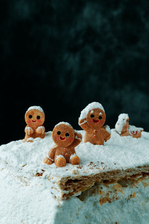a group of gingerbread men stands together on white meringue milhojas dusted with sugar like snow, their round faces bright with a sense of winter celebrationの写真素材