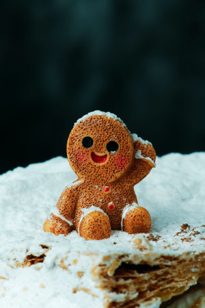 portrait of a gingerbread man with red buttons and rosy cheeks resting on meringue milhojas, his...
