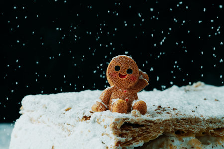 a happy gingerbread figure sits on snowy meringue milhojas beneath a dark sky, surrounded by...
