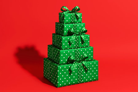 a pyramid of green gift boxes with white polka dots and matching bows, stacked neatly on a red background with a soft shadowの素材