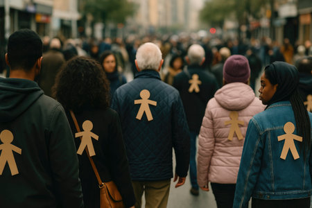several people move through a crowded street with paper figures attached to their jackets, a lighthearted practice common in Spain and parts of South Americaの素材