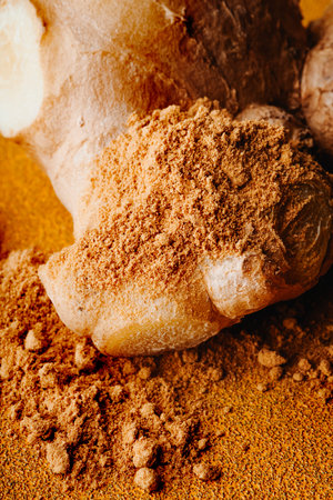 close view of fresh ginger partly covered with a generous mound of ground ginger, the rough surface...