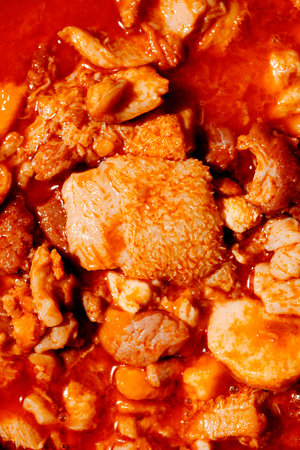closeup of callos, a traditional Spanish stew made from beef tripe slowly cooked in a rich red...