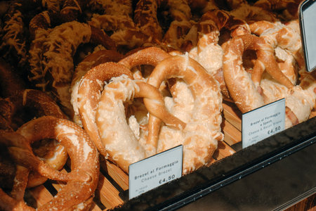 large cheese topped pretzels are displayed in a bakery window with price labels reading Brezel al Formaggio Cheese Brezel 4.50 euro, arranged on wooden traysの写真素材