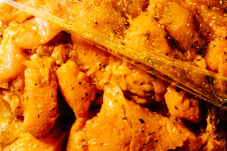 closeup of seasoned raw chicken pieces marinating, covered with spices and oil, preparation of meat...