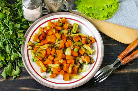 Place the baked vegetable mixture from the mold on a plate and serve. You can add a little sour cream, garlic sauce, various meat delicaciesの写真素材