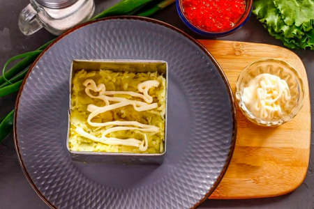 Peel the boiled potatoes and grate with fine cells. Place in a serving ring or square on a plate. Season with salt and lay out a little mayonnaise of any fat content with a mesh.の写真素材