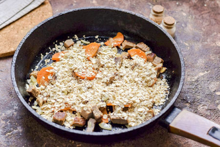 Add oatmeal, salt and pepper to the pan to taste.の写真素材
